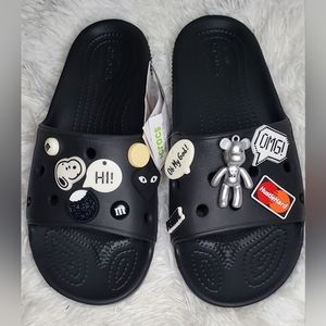 Blk Croc Slides W's sz 8 w/12 charms
